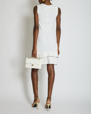 Chanel 08P Cream Sleeveless Knitted Short Dress with Silver CC Logo Button and Navy Hem Details Size FR 36 (UK 8)
