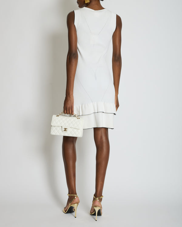 Chanel 08P Cream Sleeveless Knitted Short Dress with Silver CC Logo Button and Navy Hem Details Size FR 36 (UK 8)