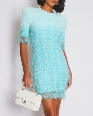 Balmain Light Blue Short Sleeve Tweed Short Dress with Fringes & Gold Buttons Detail Size FR 38 (UK 10)