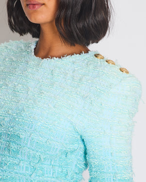 Balmain Light Blue Short Sleeve Tweed Short Dress with Fringes & Gold Buttons Detail Size FR 38 (UK 10)