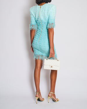 Balmain Light Blue Short Sleeve Tweed Short Dress with Fringes & Gold Buttons Detail Size FR 38 (UK 10)
