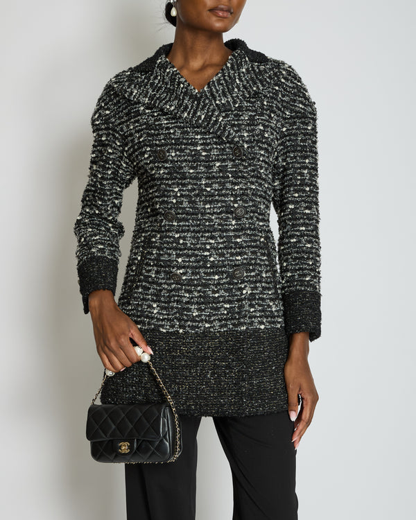 Chanel Black, Grey & White Tweed Double Breasted Jacket with Black CC Logo Buttons Size FR 36 (UK 8)