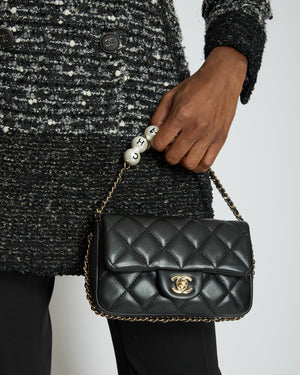 Chanel Black Quilted Lambskin Small Single Flap Bag with Pearl Logo Chain Detailing and Champagne Hardware