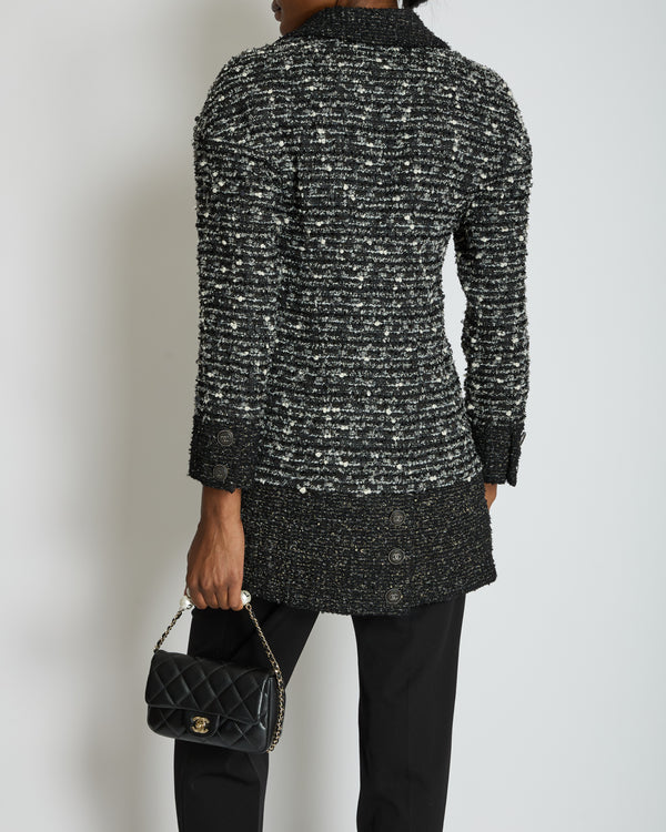 Chanel Black, Grey & White Tweed Double Breasted Jacket with Black CC Logo Buttons Size FR 36 (UK 8)