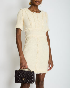 Chanel 10/P Cream Short Sleeve Tweed Midi Dress Size FR 36 (UK 8)