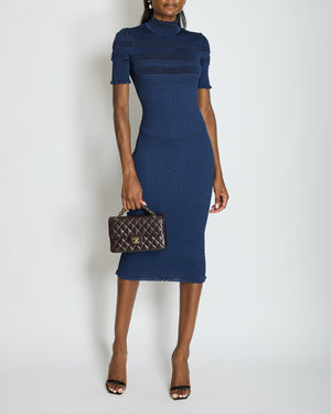 Fendi Dark Blue Ribbed Midi Silk Dress Size IT 36 (UK 4)