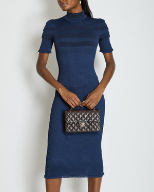 Fendi Dark Blue Ribbed Midi Silk Dress Size IT 36 (UK 4)
