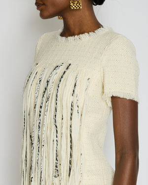Chanel 10/P Beige Tweed Short-Sleeve Mini Dress with Fringe Applique and Small Beads Size FR 38 (UK 10)