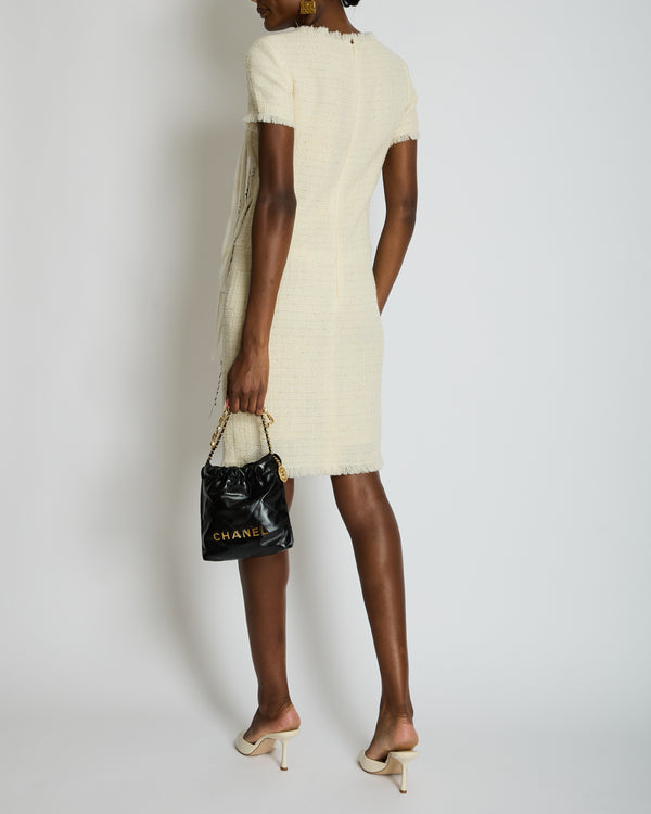 Chanel 10/P Beige Tweed Short-Sleeve Mini Dress with Fringe Applique and Small Beads Size FR 38 (UK 10)