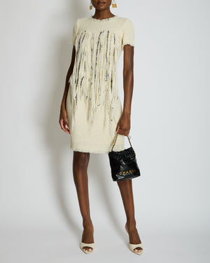 Chanel 10/P Beige Tweed Short-Sleeve Mini Dress with Fringe Applique and Small Beads Size FR 38 (UK 10)