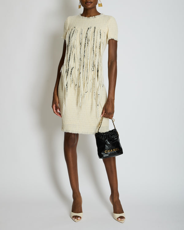Chanel 10/P Beige Tweed Short-Sleeve Mini Dress with Fringe Applique and Small Beads Size FR 38 (UK 10)