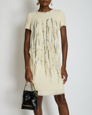Chanel 10/P Beige Tweed Short-Sleeve Mini Dress with Fringe Applique and Small Beads Size FR 38 (UK 10)