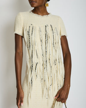 Chanel 10/P Beige Tweed Short-Sleeve Mini Dress with Fringe Applique and Small Beads Size FR 38 (UK 10)