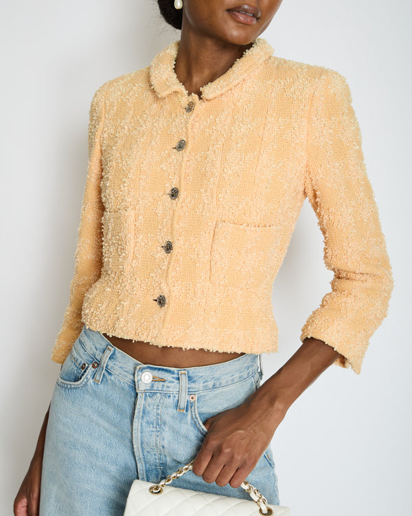 Chanel 96/P Peach Tweed Jacket with Silver CC Medallion Logo Buttons Size FR 36 (UK 8)