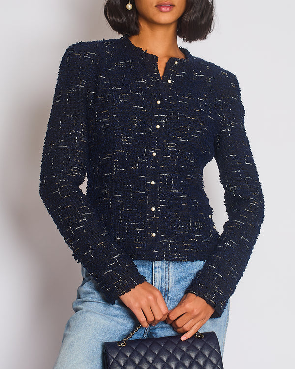 Chanel 04/P Navy Collarless Tweed Jacket with Pearl Button Detail Size FR 38 (UK 10)