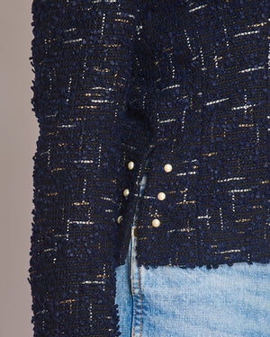 Chanel 04/P Navy Collarless Tweed Jacket with Pearl Button Detail Size FR 38 (UK 10)