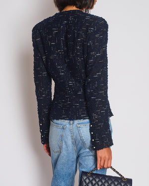 Chanel 04/P Navy Collarless Tweed Jacket with Pearl Button Detail Size FR 38 (UK 10)