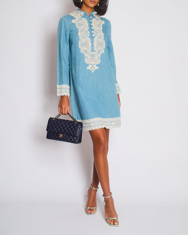 Gucci Stonewash Chambray Long Sleeve Tunic Dress with Lace-Trimmed Detail IT 38 (UK 6)