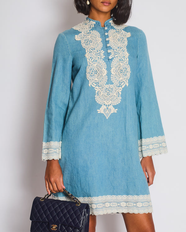 Gucci Stonewash Chambray Long Sleeve Tunic Dress with Lace-Trimmed Detail IT 38 (UK 6)