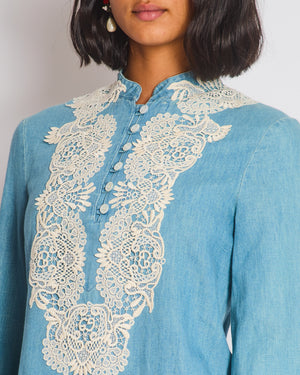 Gucci Stonewash Chambray Long Sleeve Tunic Dress with Lace-Trimmed Detail IT 38 (UK 6)