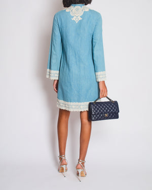 Gucci Stonewash Chambray Long Sleeve Tunic Dress with Lace-Trimmed Detail IT 38 (UK 6)