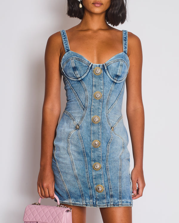 Balmain Denim Mini Dress with Silver and Gold Buttons Size FR 36 (UK 8)
