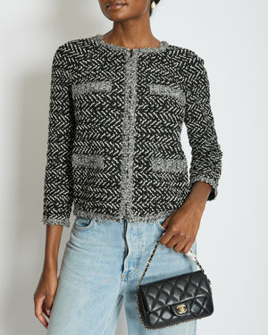 Chanel Black, White, and Silver Metallic Tweed Jacket with CC Logo Detail Size FR 36 (UK 8)
