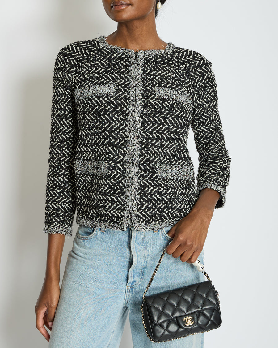 Chanel Black, White, and Silver Metallic Tweed Jacket with CC Logo Detail Size FR 36 (UK 8)