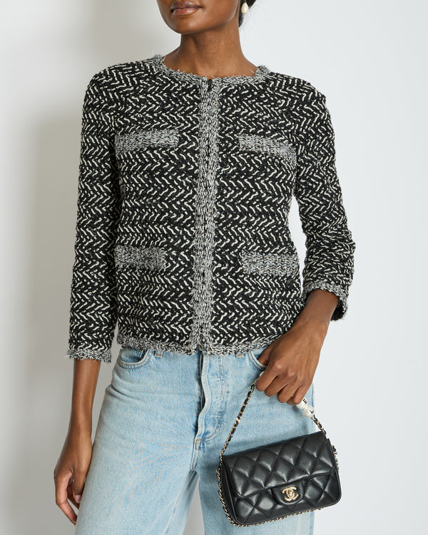 Chanel Black, White, and Silver Metallic Tweed Jacket with CC Logo Detail Size FR 36 (UK 8)
