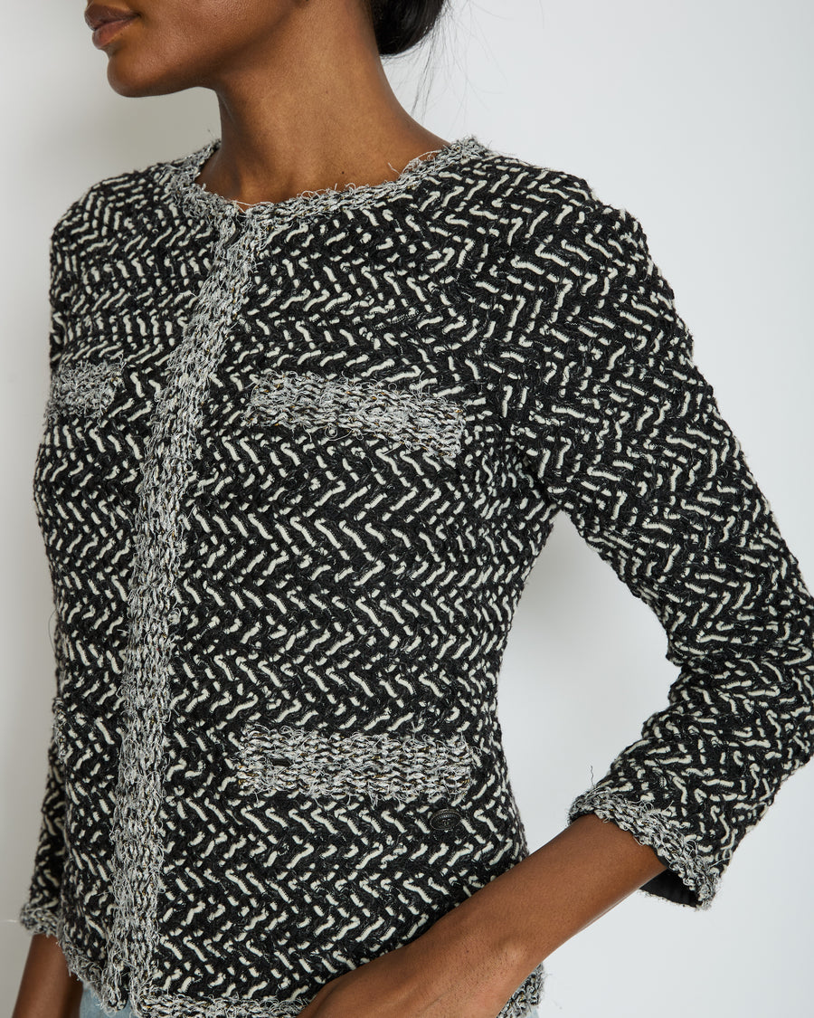Chanel Black, White, and Silver Metallic Tweed Jacket with CC Logo Detail Size FR 36 (UK 8)
