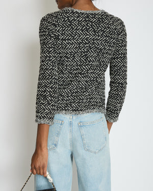 Chanel Black, White, and Silver Metallic Tweed Jacket with CC Logo Detail Size FR 36 (UK 8)