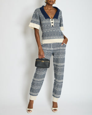 Chanel Navy Blue and White Cashmere Top and Trousers Set with CC Logo Buttons Size FR 36/38 (UK 8/10)