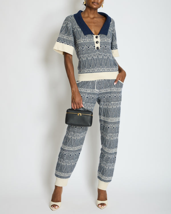 Chanel Navy Blue and White Cashmere Top and Trousers Set with CC Logo Buttons Size FR 36/38 (UK 8/10)