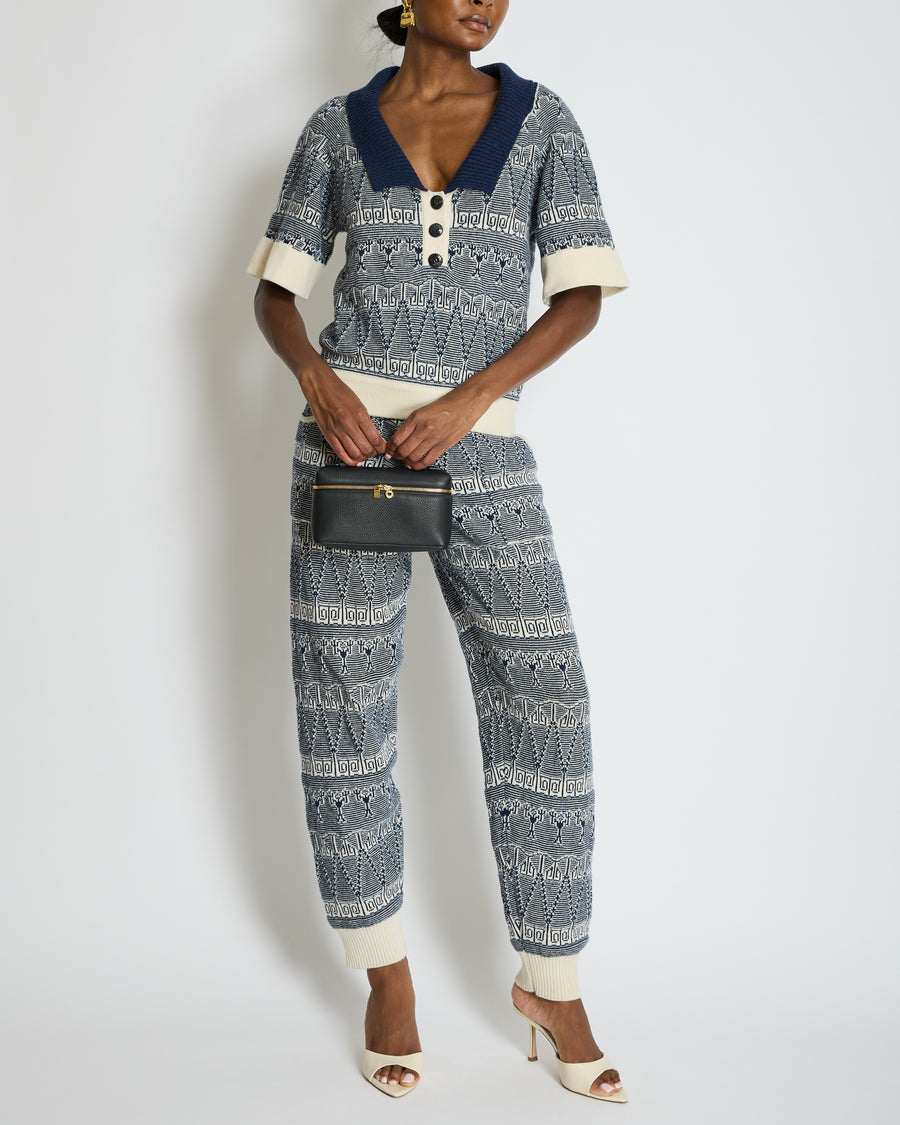 Chanel Navy Blue and White Cashmere Top and Trousers Set with CC Logo Buttons Size FR 36/38 (UK 8/10)