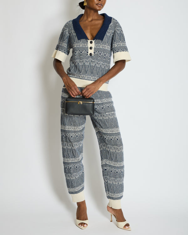 Chanel Navy Blue and White Cashmere Top and Trousers Set with CC Logo Buttons Size FR 36/38 (UK 8/10)