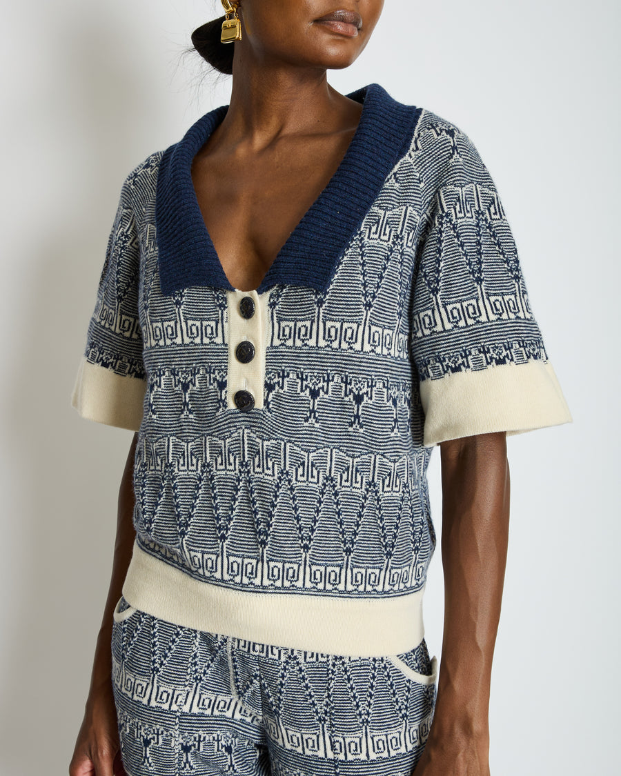 Chanel Navy Blue and White Cashmere Top and Trousers Set with CC Logo Buttons Size FR 36/38 (UK 8/10)