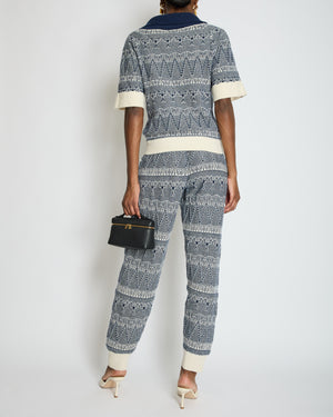 Chanel Navy Blue and White Cashmere Top and Trousers Set with CC Logo Buttons Size FR 36/38 (UK 8/10)