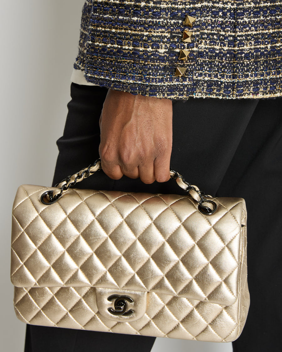 *SUPER RARE* Chanel Metallic Gold Medium Classic Double Flap Bag in Lambskin Leather with Black Hardware
