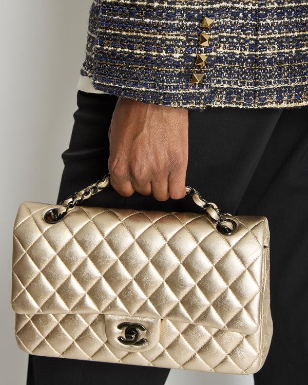 *SUPER RARE* Chanel Metallic Gold Medium Classic Double Flap Bag in Lambskin Leather with Black Hardware