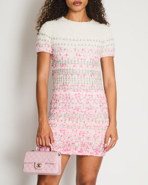 Chanel 2018 Waterfall Collection White, Pink and Silver Short Sleeve Tweed Midi Dress with Size FR 34 (UK 6)