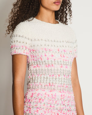 Chanel 2018 Waterfall Collection White, Pink and Silver Short Sleeve Tweed Midi Dress with Size FR 34 (UK 6)
