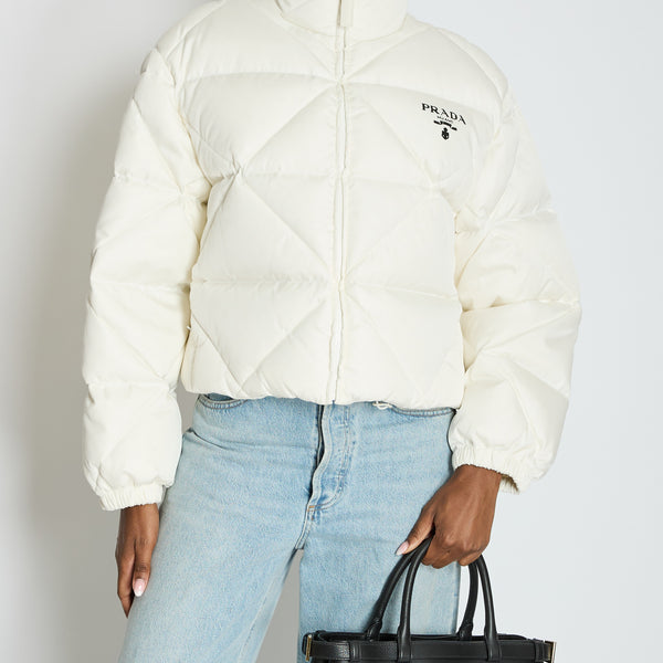 Prada White Re-Nylon Puffer Jacket with Distressed Logo