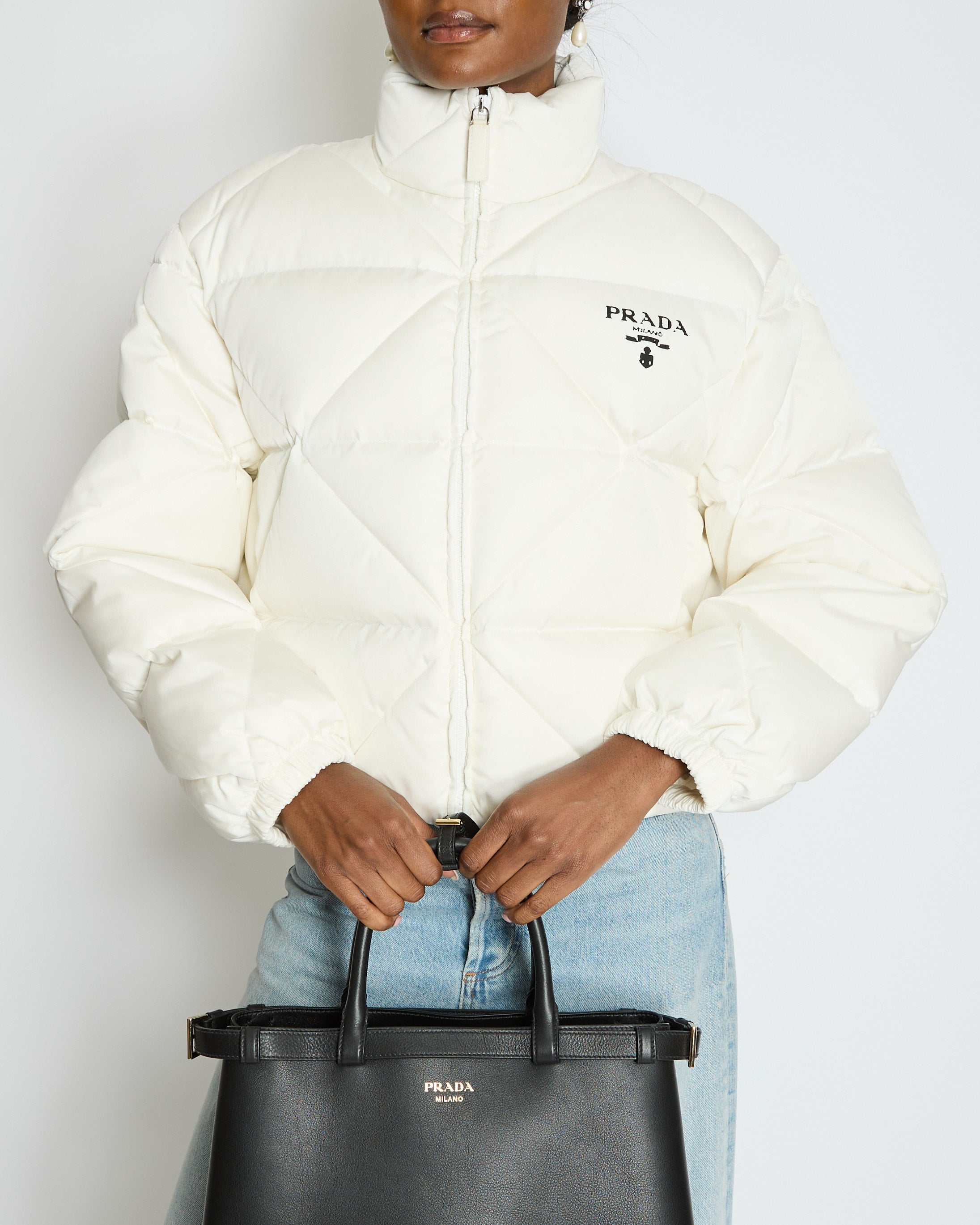 Prada White Re-Nylon Puffer Jacket with Distressed Logo