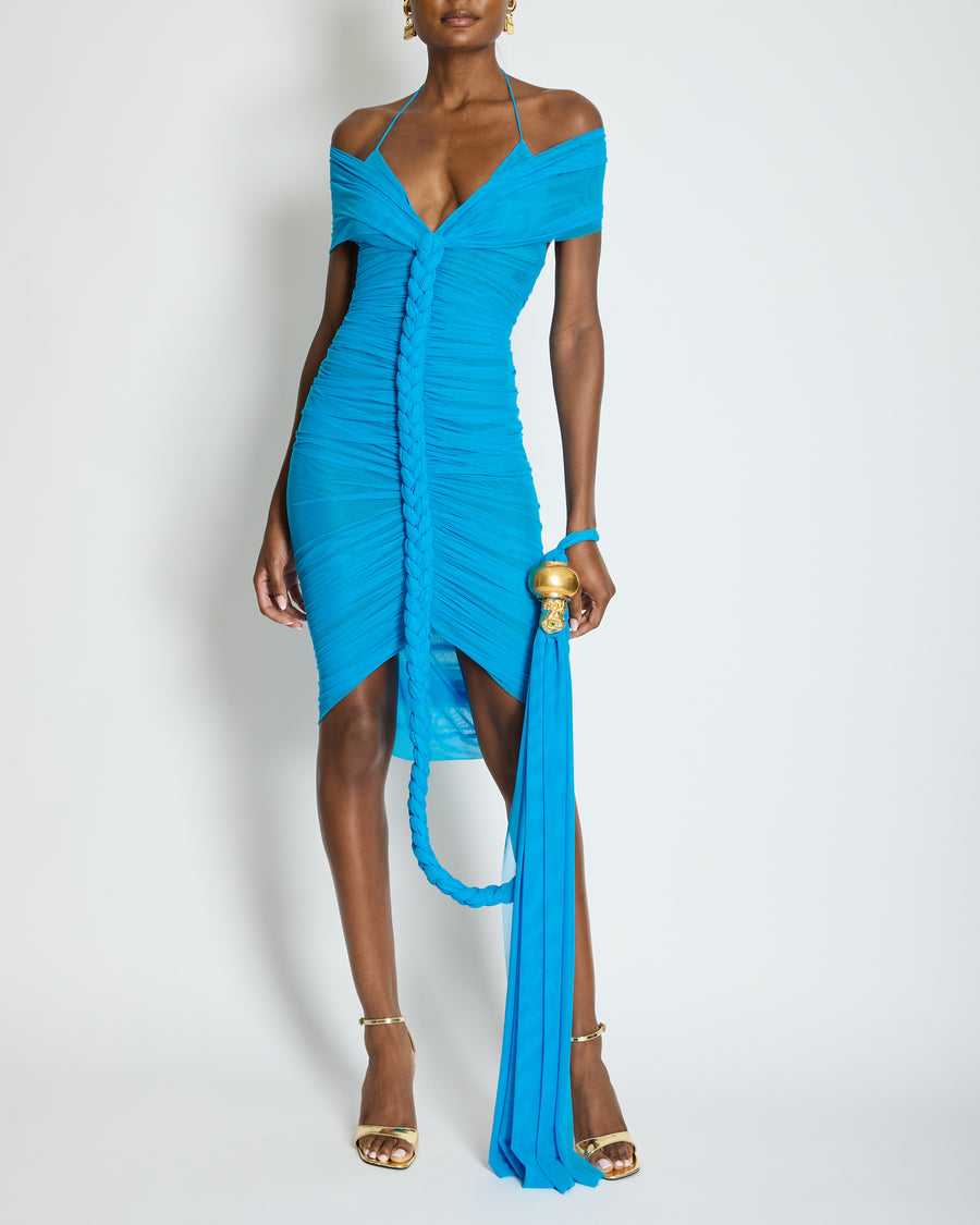 Schiaparelli SS/25 Blue Braided Ballerina Neckline Mini Dress Size FR 36 (UK 8)