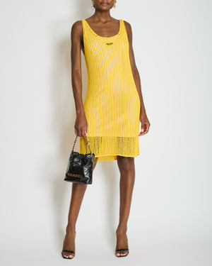 Prada Yellow Crochet Knitted Mini Dress with White Slip Size IT 38 (UK 6)