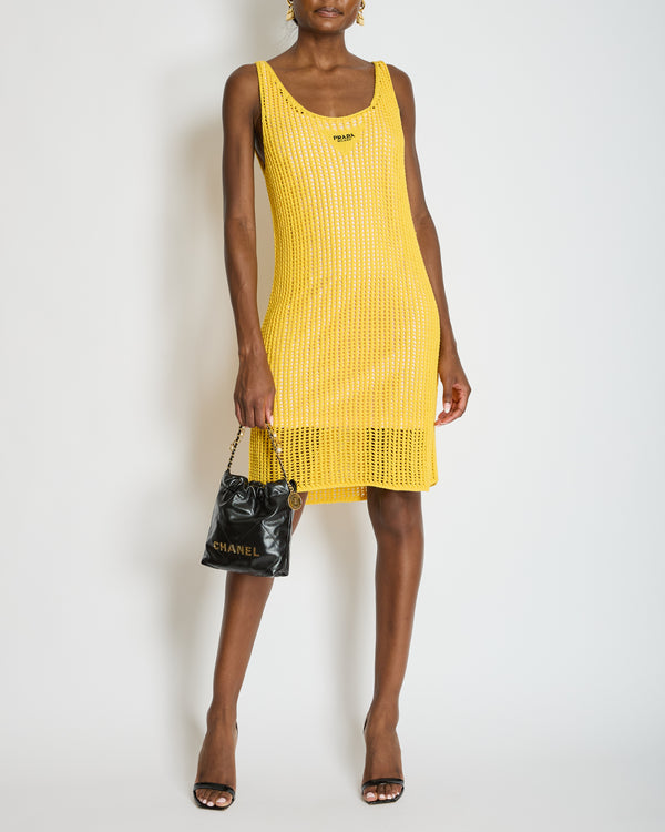 Prada Yellow Crochet Knitted Mini Dress with White Slip Size IT 38 (UK 6)