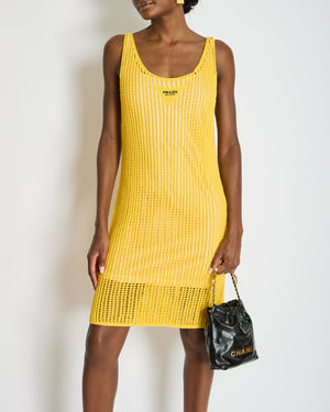 Prada Yellow Crochet Knitted Mini Dress with White Slip Size IT 38 (UK 6)