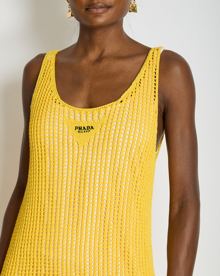 Prada Yellow Crochet Knitted Mini Dress with White Slip Size IT 38 (UK 6)