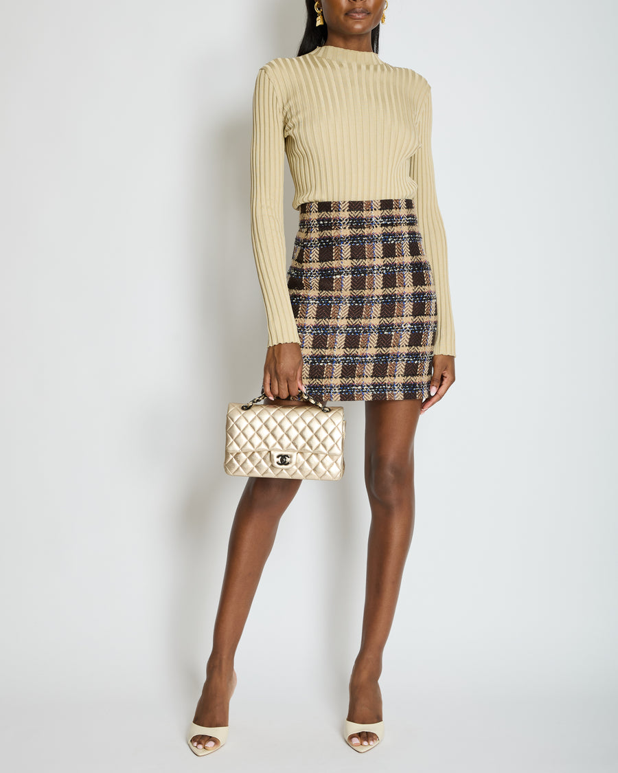 Gucci Brown Wool Houndstooth Mini Skirt with Metallic Thread Detail Size IT 38 (UK 6)