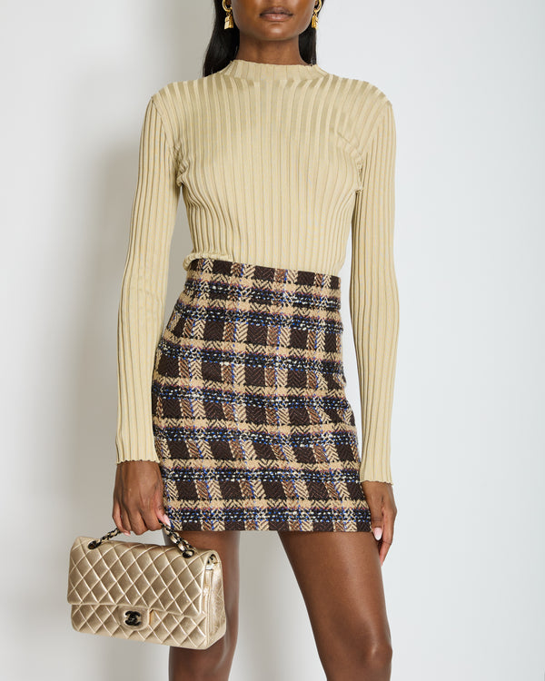 Gucci Brown Wool Houndstooth Mini Skirt with Metallic Thread Detail Size IT 38 (UK 6)